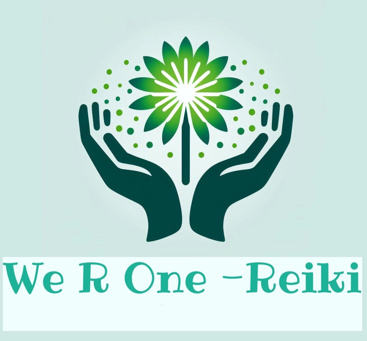Hands holding a green flower, the We R One Reiki symbol